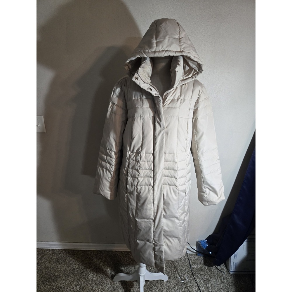Calvin Klein Womens XL Long Puffer Coat Hooded Beige Quilted Jacket